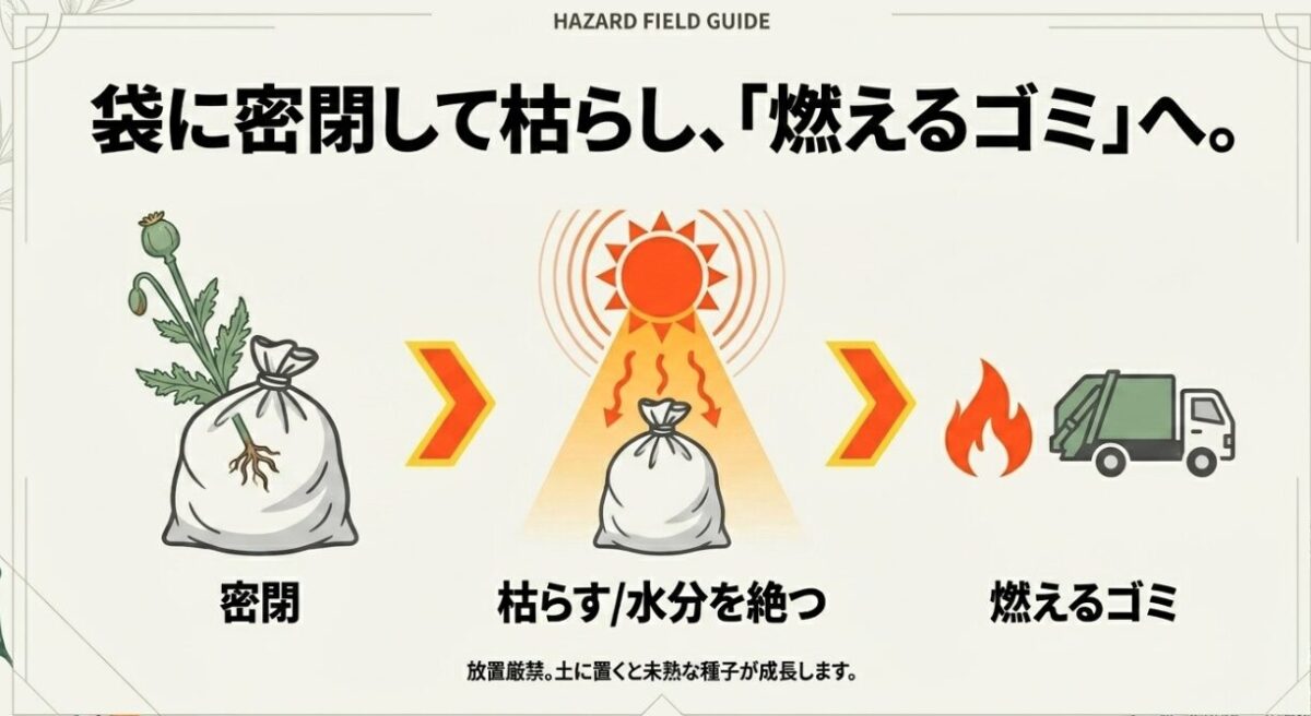 抜いた草を袋に密閉し、太陽光で枯らして水分を絶ち、燃えるゴミとして清掃車で回収されるまでの3ステップを図解。「袋に密閉して枯らし、「燃えるゴミ」へ。」「放置厳禁。土に置くと未熟な種子が成長します。」という警告 。